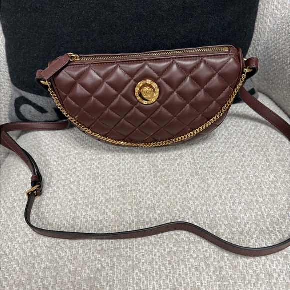 Versace Chocolate Quilted Crossbody Bag with Gold Accents